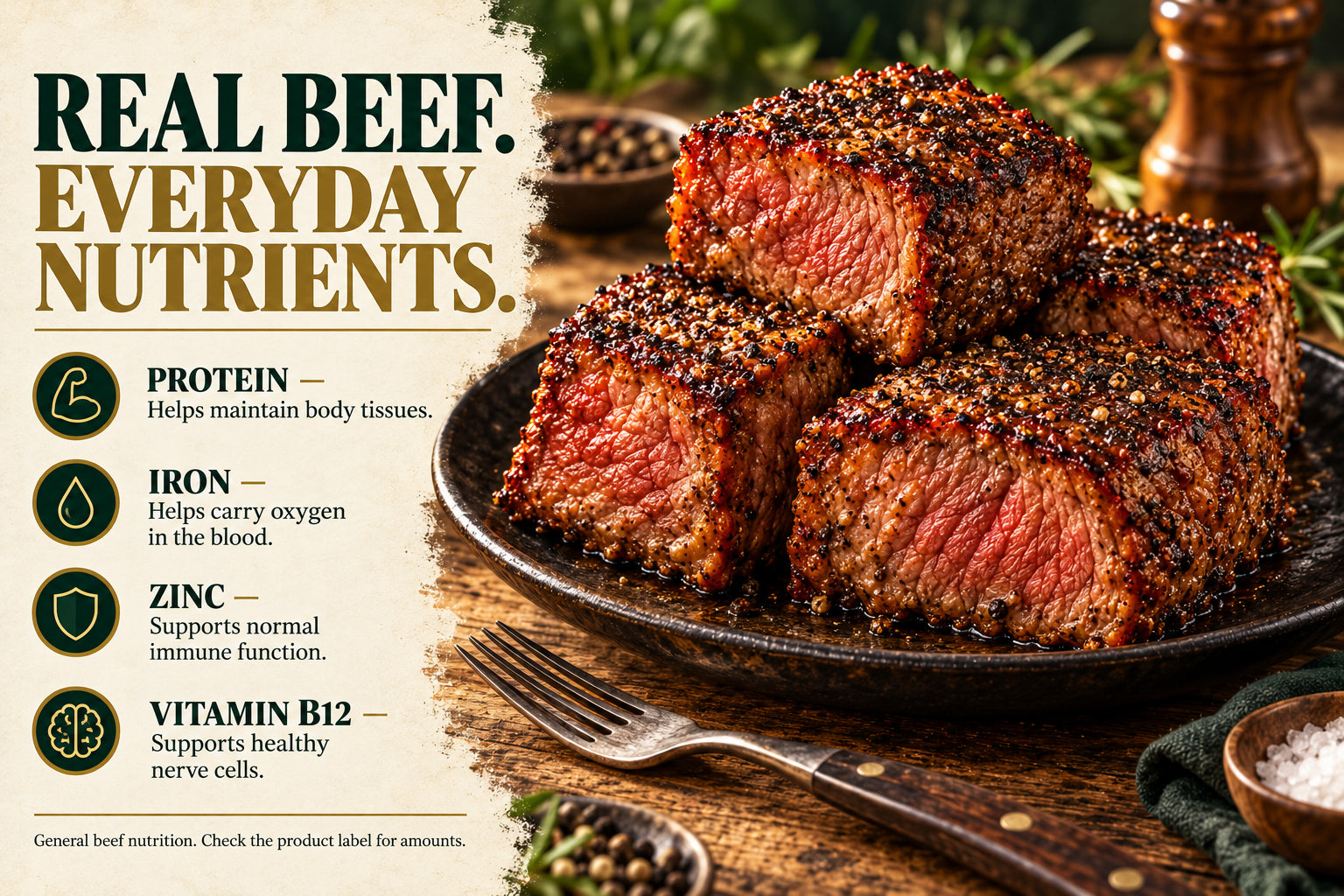 REAL BEEF. EVERYDAY NUTRIENTS. Beef with protein, iron, zinc and vitamin B12 information