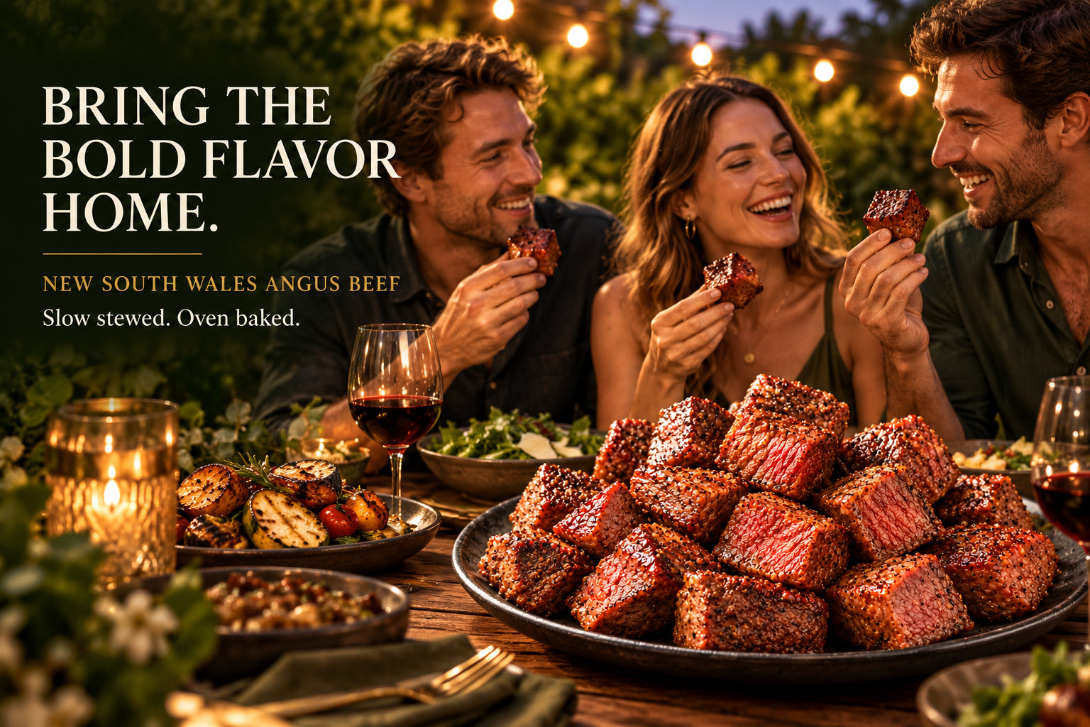 BRING THE BOLD FLAVOR HOME. Friends sharing New South Wales Angus beef