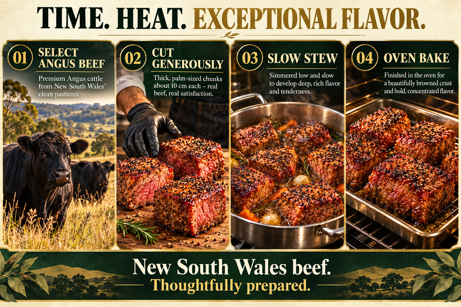 TIME. HEAT. EXCEPTIONAL FLAVOR. Select Angus beef, cut generously, slow stew and oven bake